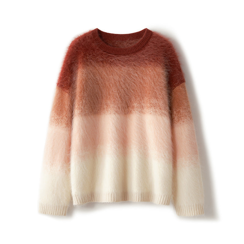 Goat hair round-neck gradient sweater
