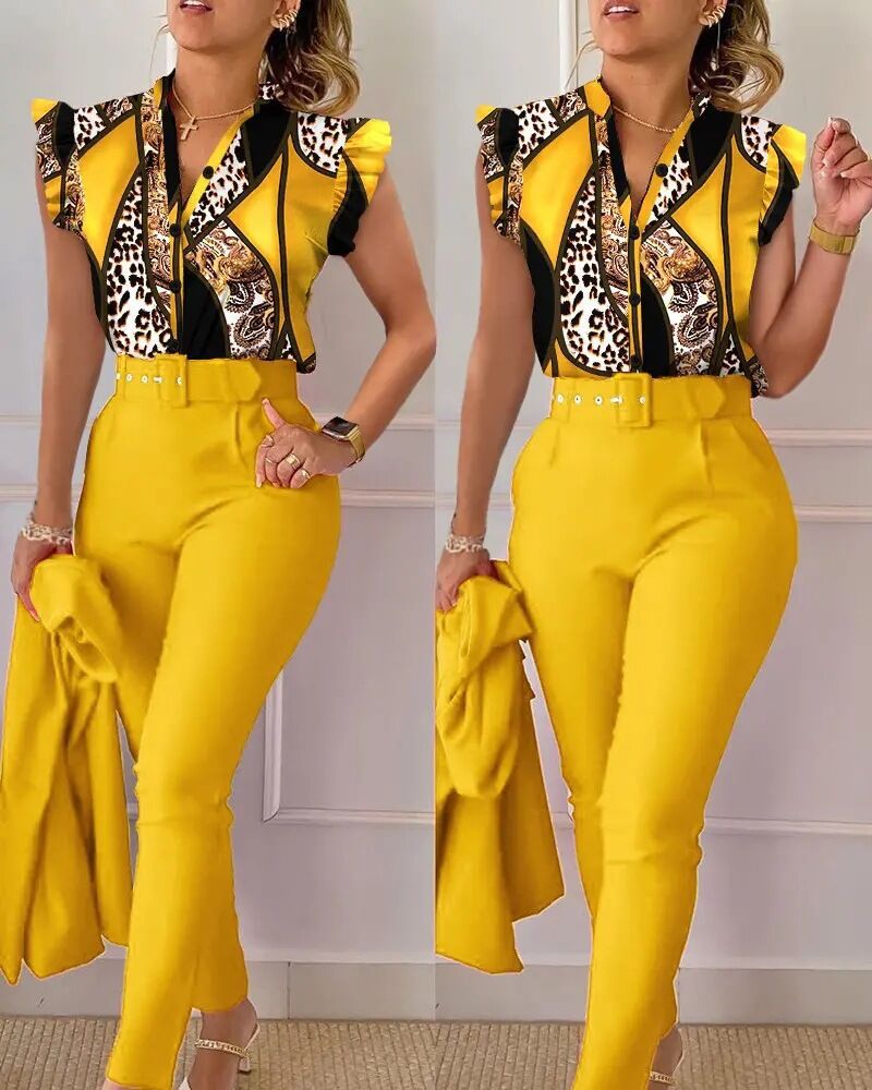 Casual Lotus Sleeve Vest Two-Piece Set