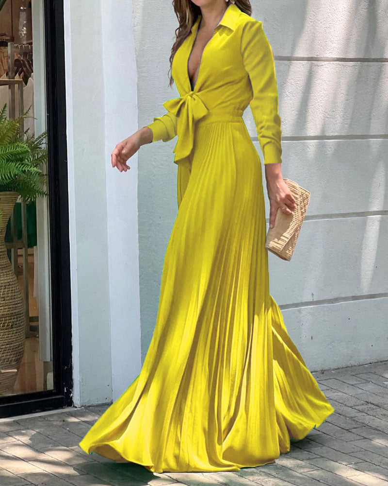 V-Neck Long Sleeve Wide Leg Dress