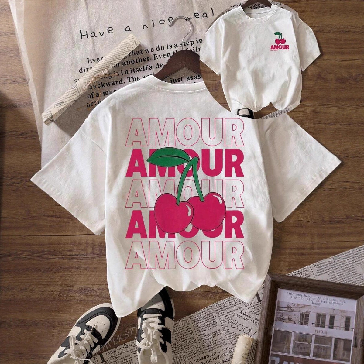 Printed Cherry Pattern Round Neck T-shirt