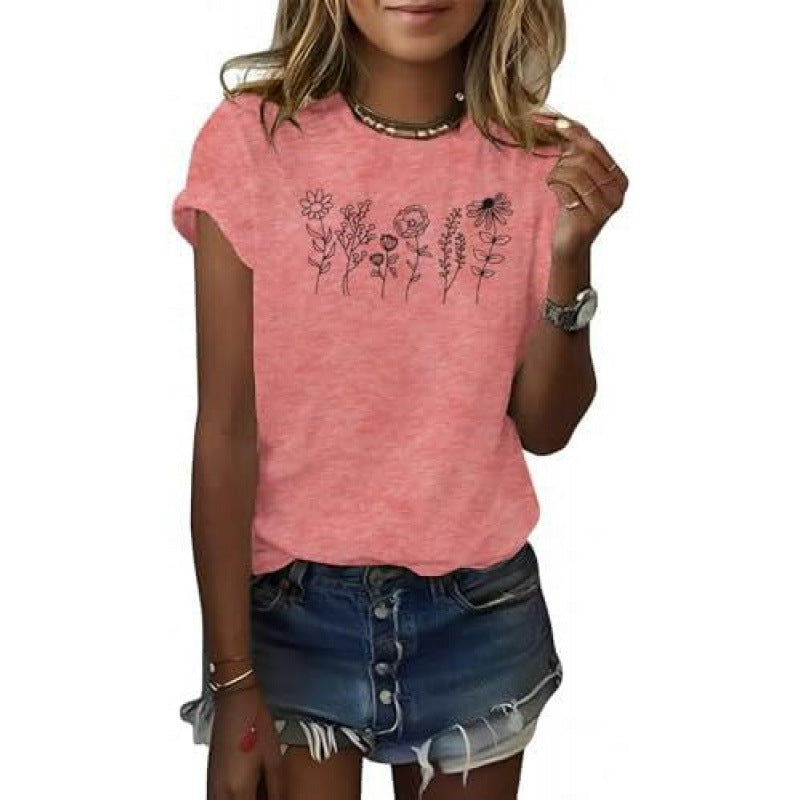 Floral Short Sleeve Round Neck T-shirt