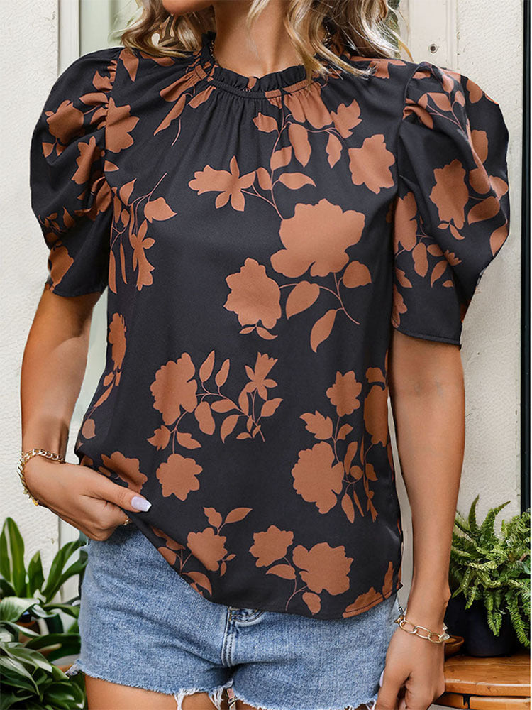 Printed Round Neck Shirt with Horseshoe Sleeve