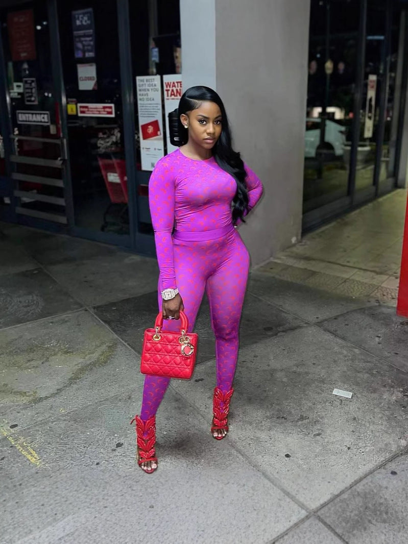 Fashion Moon Print Stretch Slim Fit Women Top and Trousers Set