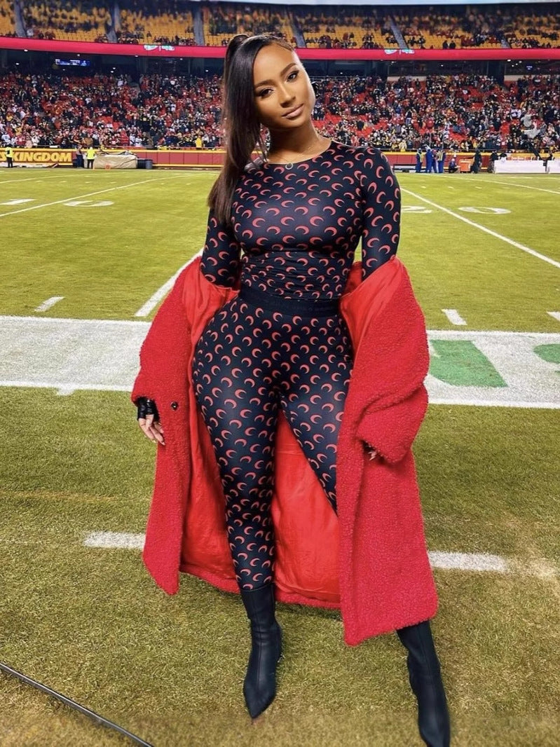 Fashion Moon Print Stretch Slim Fit Women Top and Trousers Set