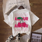 Printed Cherry Pattern Round Neck T-shirt