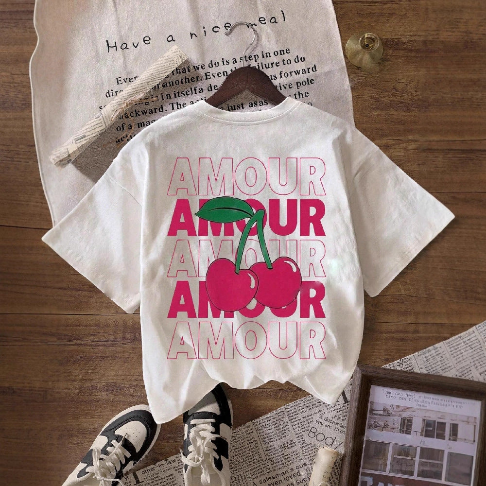 Printed Cherry Pattern Round Neck T-shirt