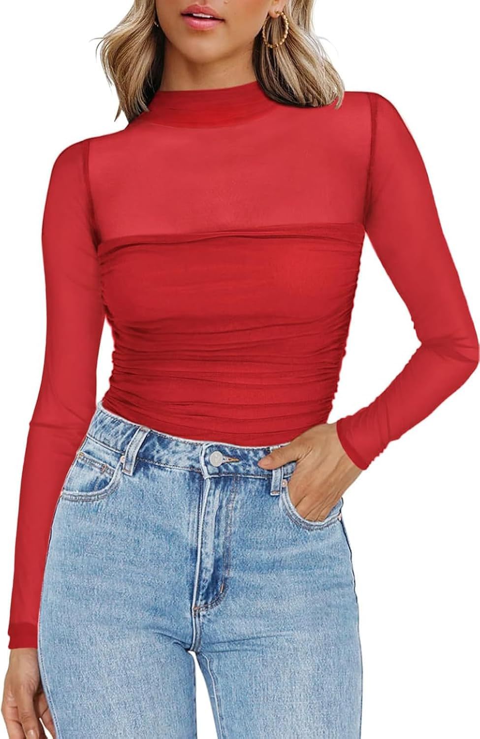 Solid-color round-neck mesh fabric see-through top