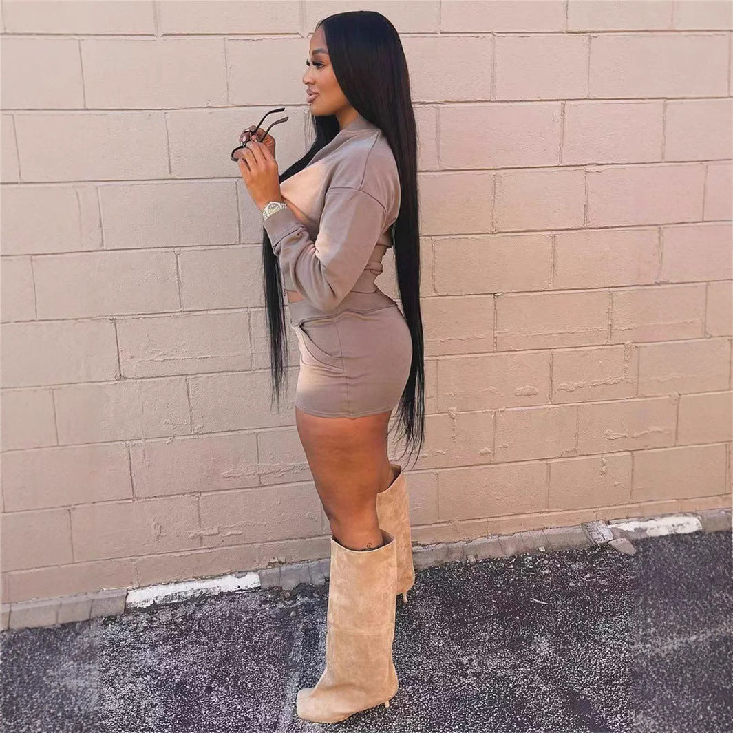 Hooded Slim-fit Vest and Skirt Set