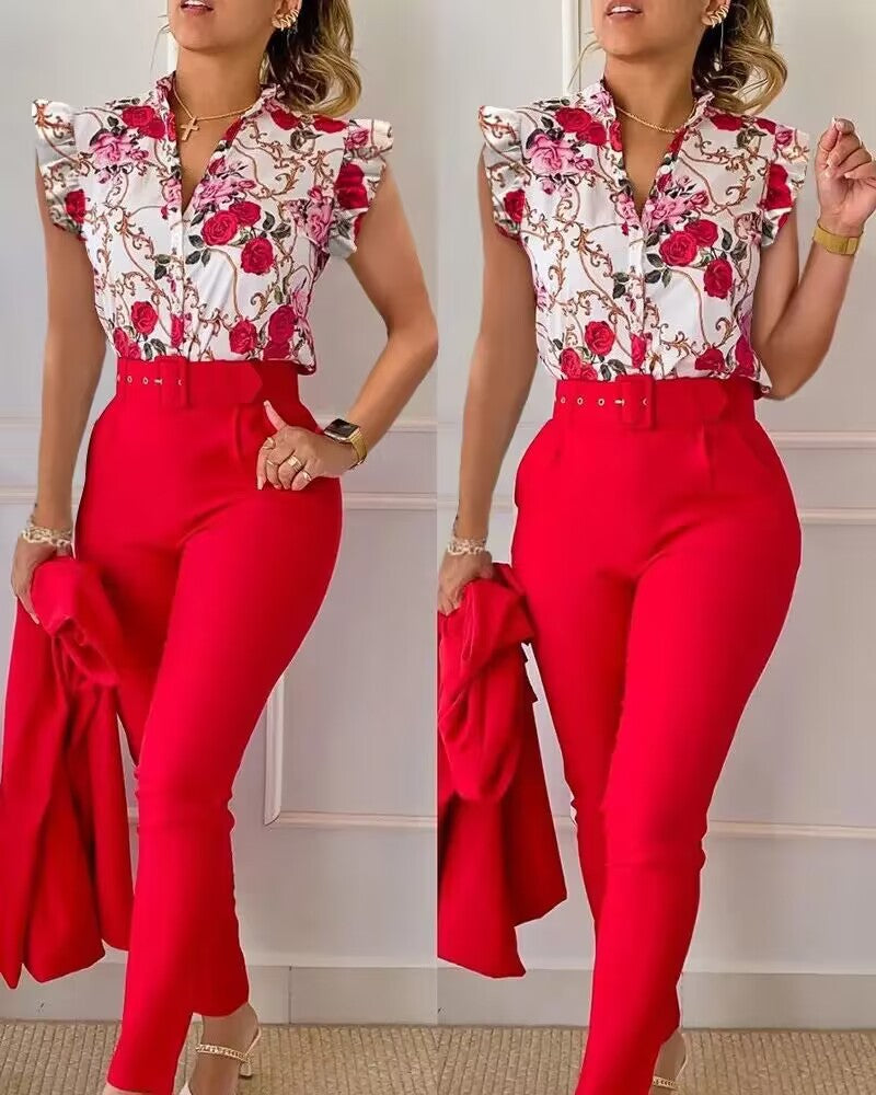 Casual Lotus Sleeve Vest Two-Piece Set