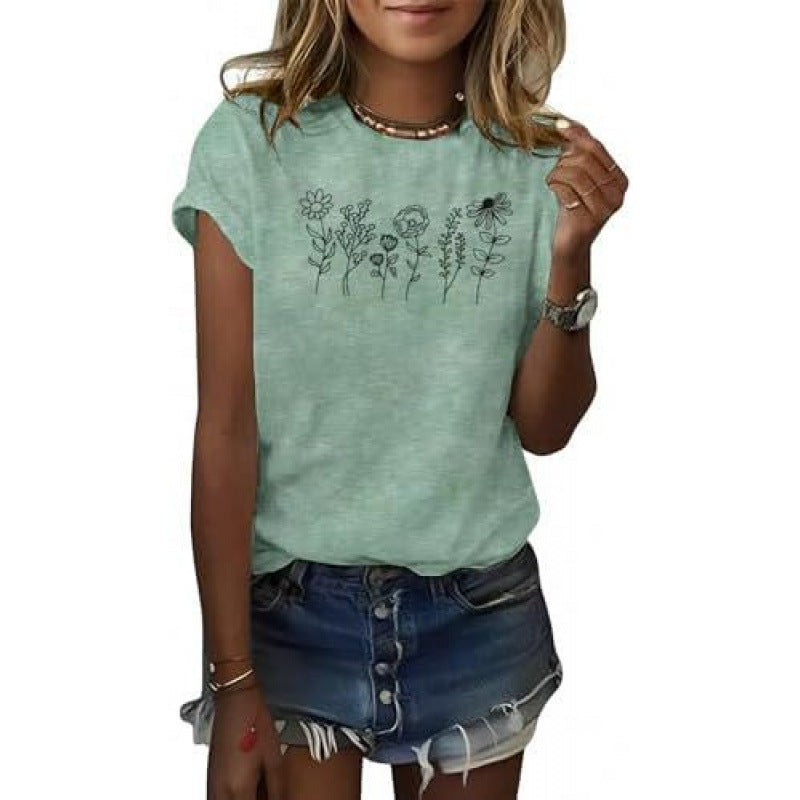 Floral Short Sleeve Round Neck T-shirt