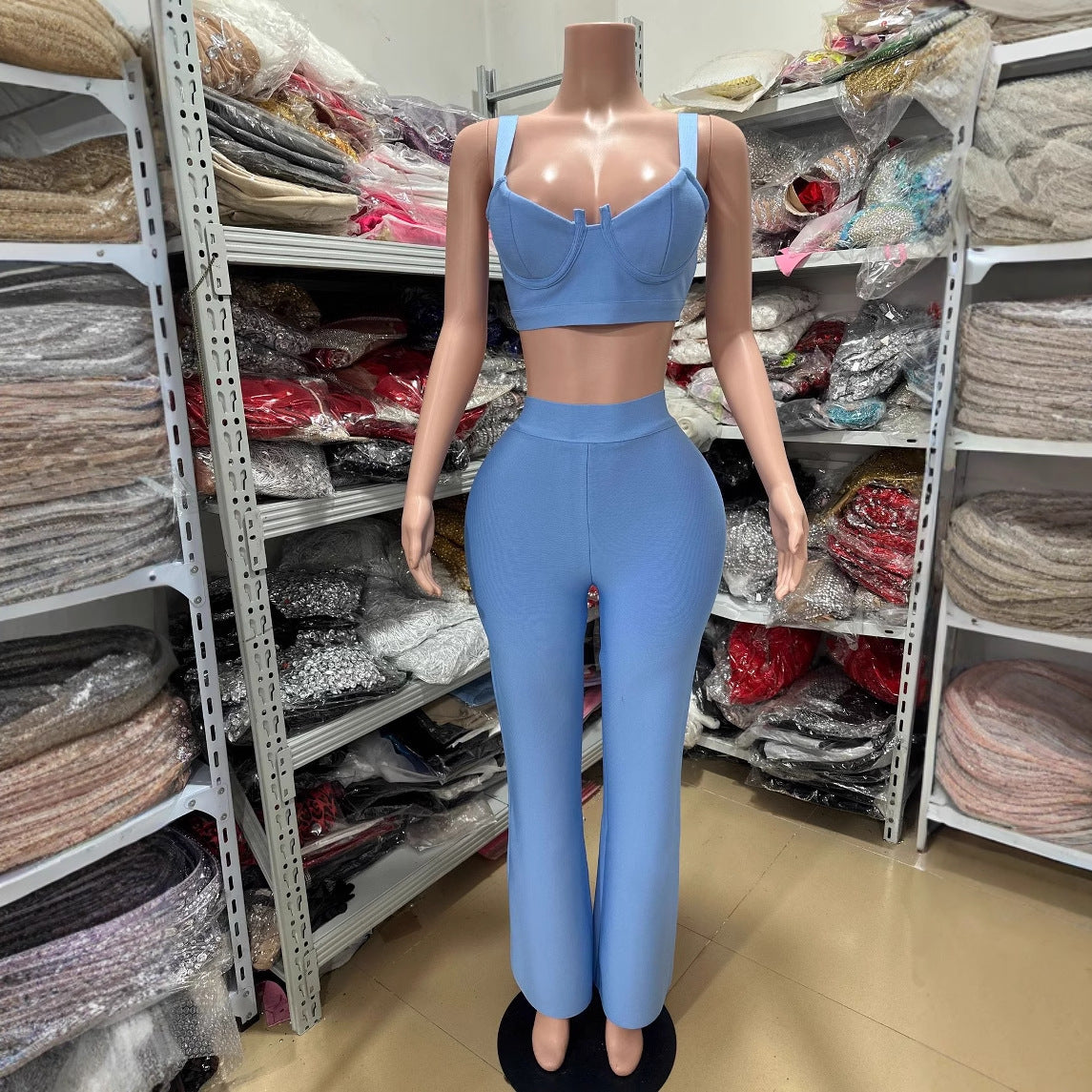 Fashion Bandage Dress and Tight Pants Two-Piece Set