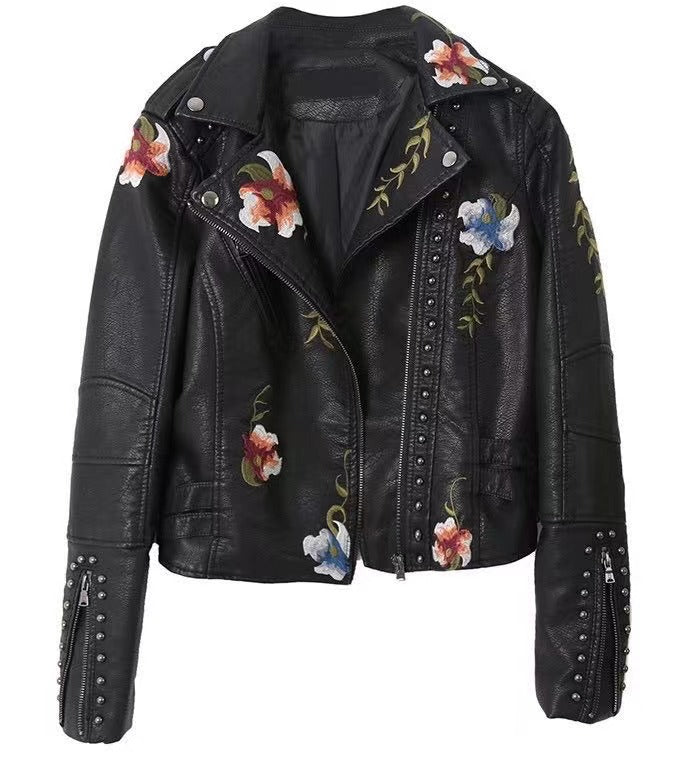 Rita Embroidered rivet leather jacket
