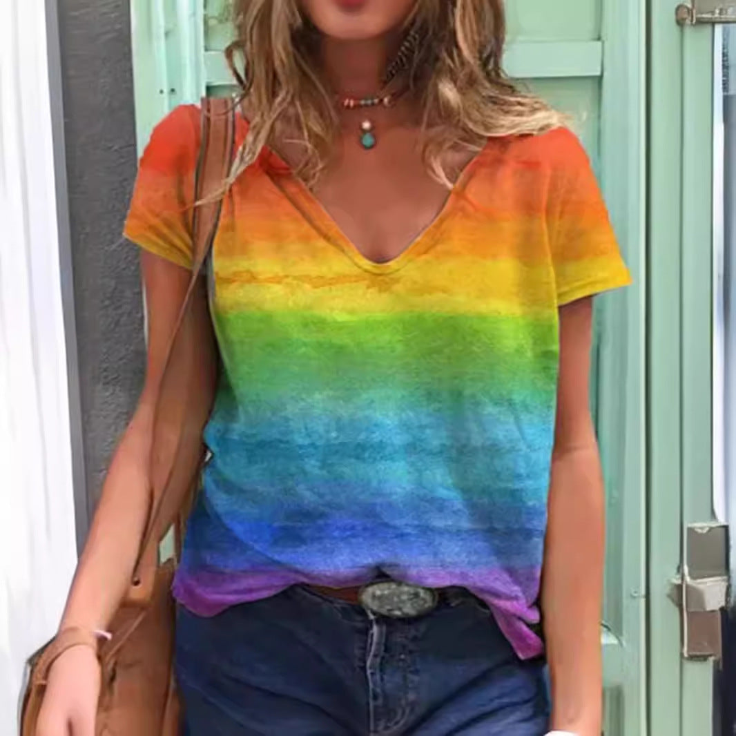 Casual V-neck print short-sleeved women's T-shirt