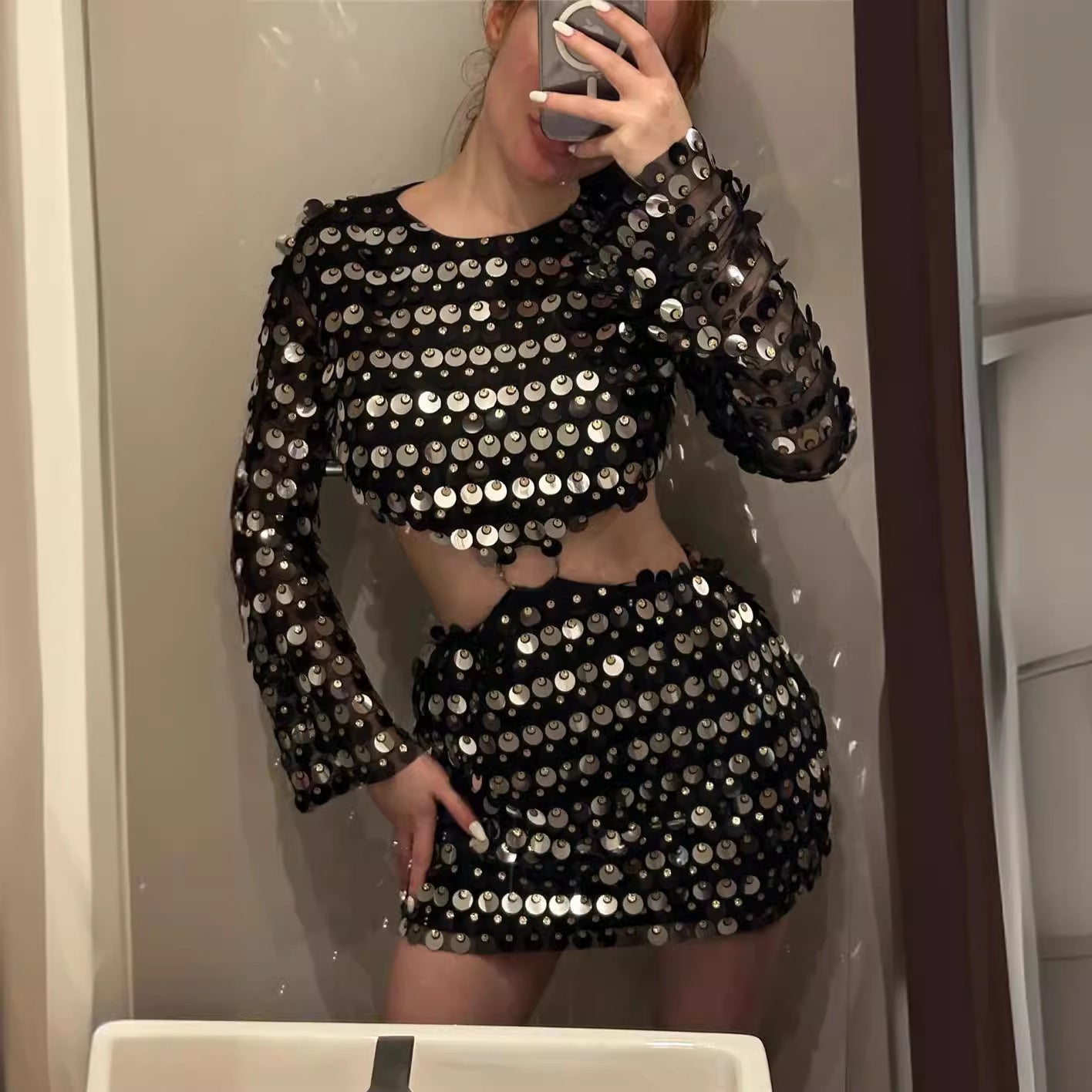 Long Sleeve Hollow Sequin Party Dress
