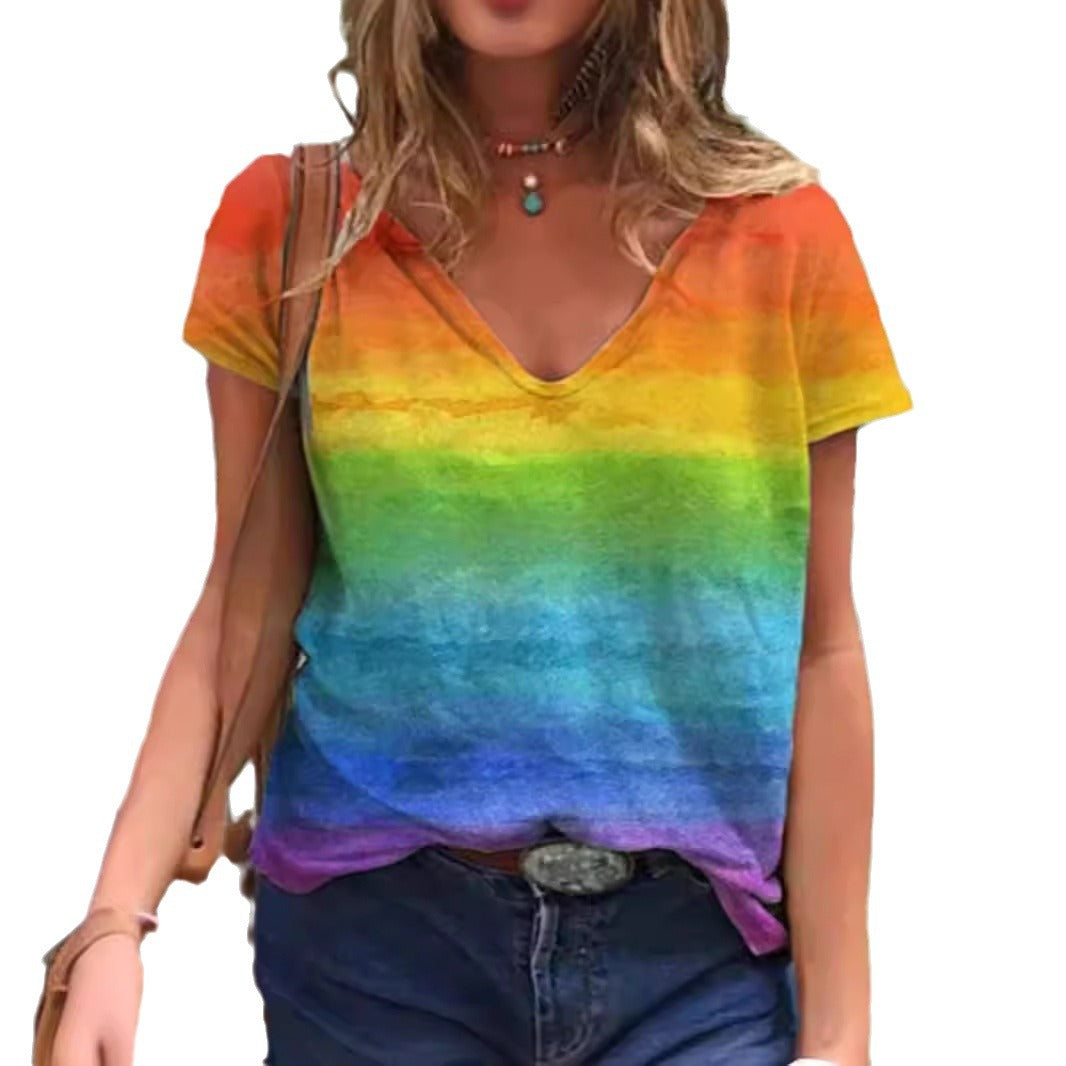Casual V-neck print short-sleeved women's T-shirt