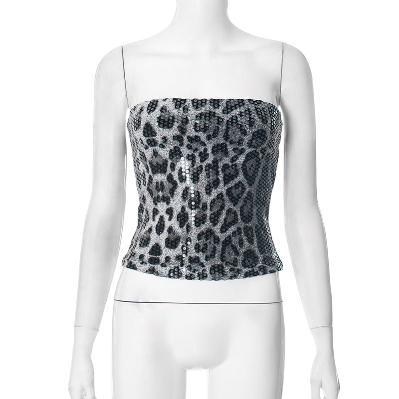 Leopard Navel Tube Sequin Slim Fit Top