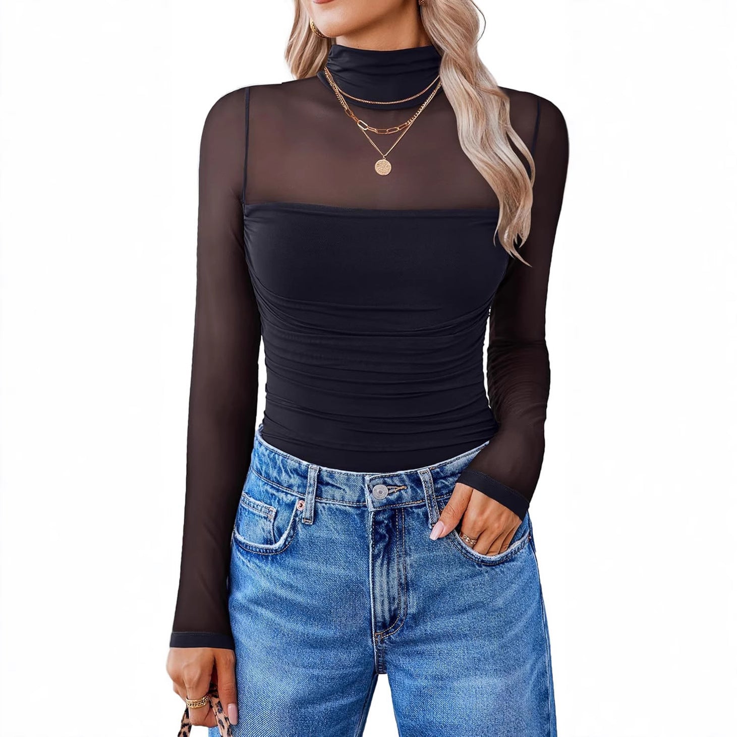Solid-color round-neck mesh fabric see-through top