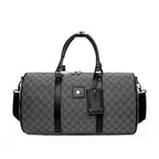 Gray duffel bag with black accents on a white background