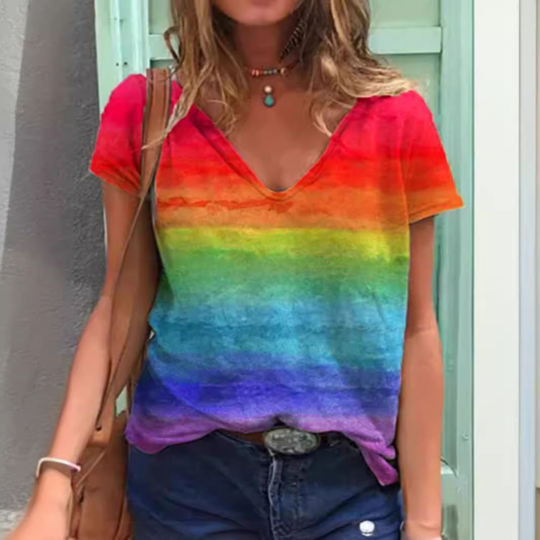 Casual V-neck print short-sleeved women's T-shirt