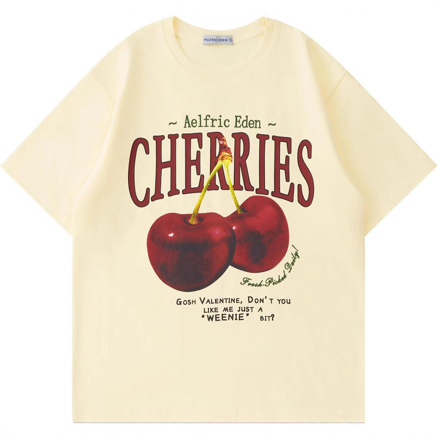 Cherry-printed T-shirt, casual summer short-sleeved shirt