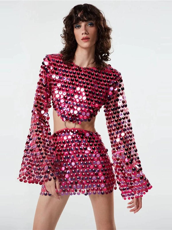 Long Sleeve Hollow Sequin Party Dress