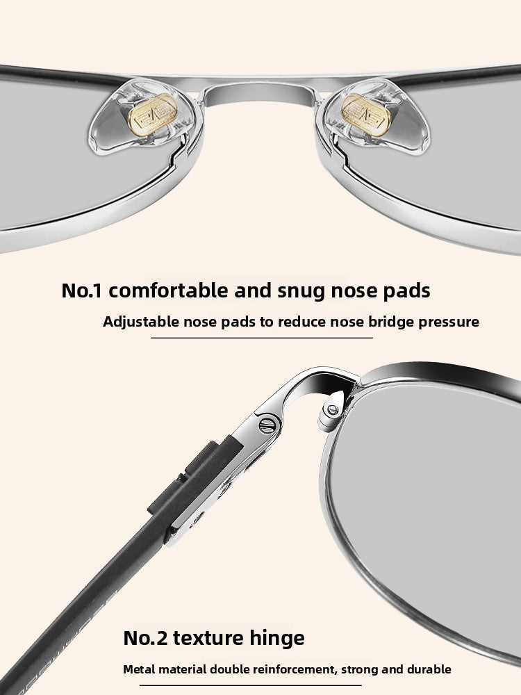 Close-up of sunglasses with adjustable nose pads and metal hinges on a white background