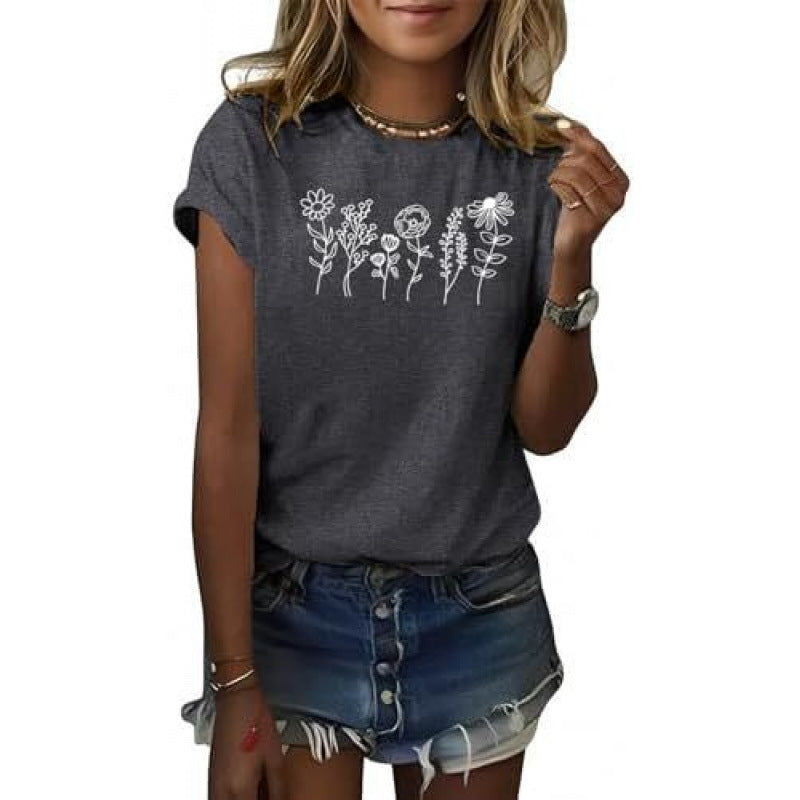 Floral Short Sleeve Round Neck T-shirt