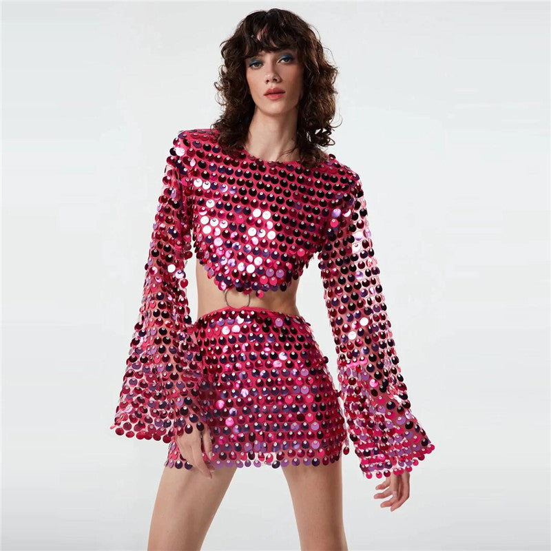 Long Sleeve Hollow Sequin Party Dress