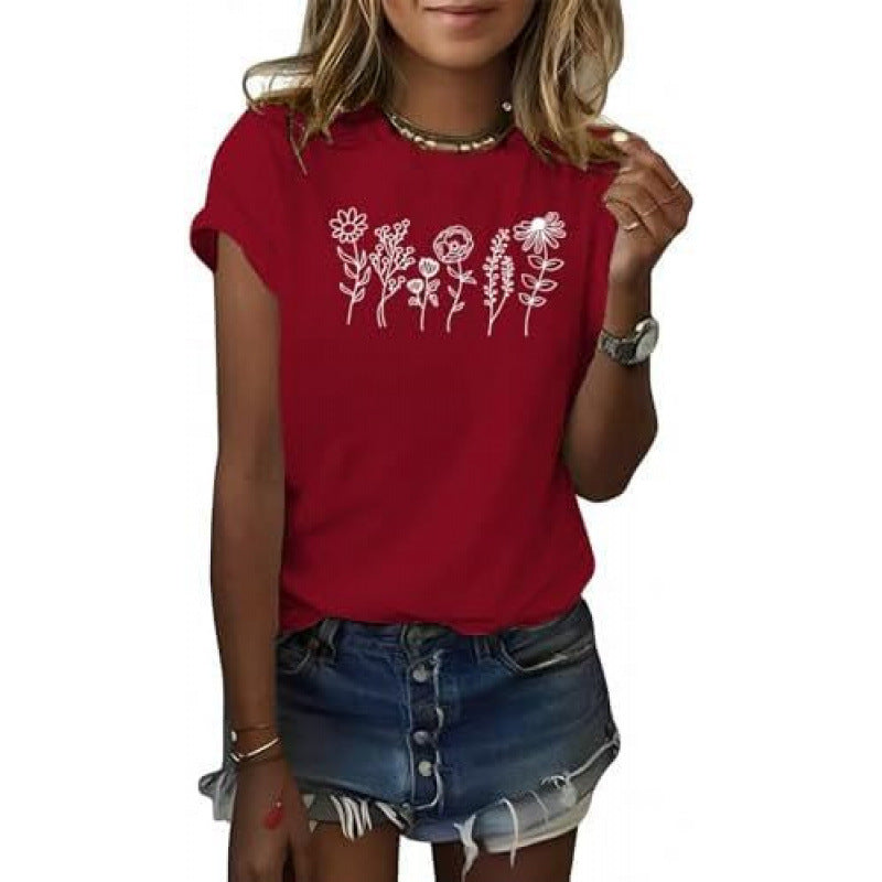Floral Short Sleeve Round Neck T-shirt