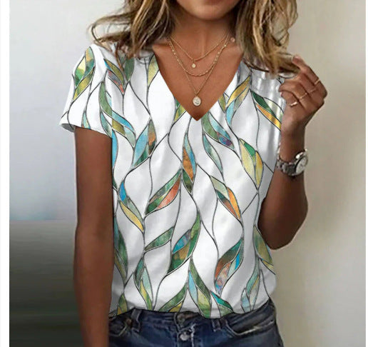 Casual V-neck print short-sleeved women's T-shirt