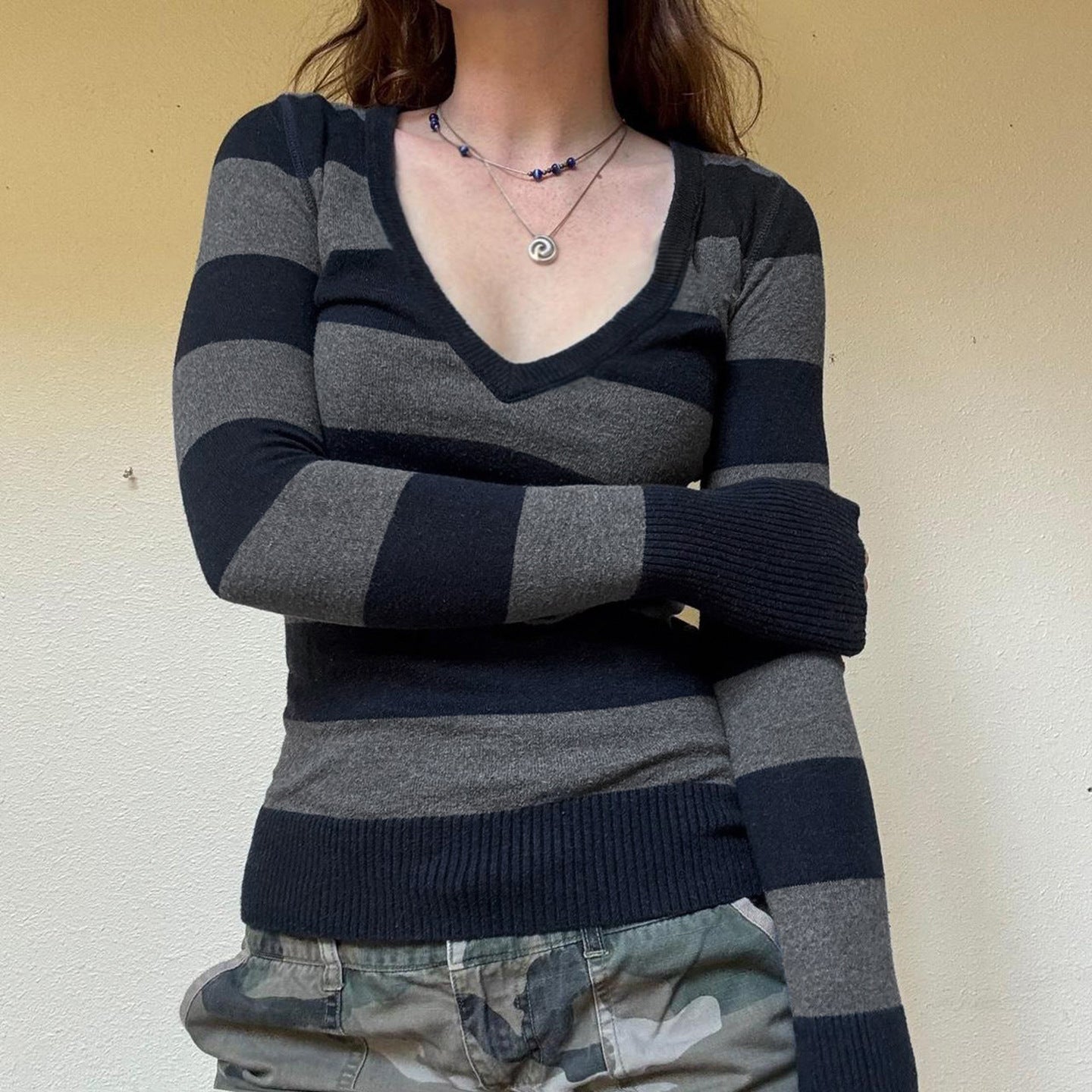 Amalie V-neck striped long sleeve sweater