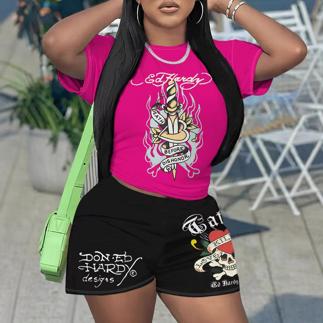 Printed Women's Short-Sleeve Sports Two-Piece Set