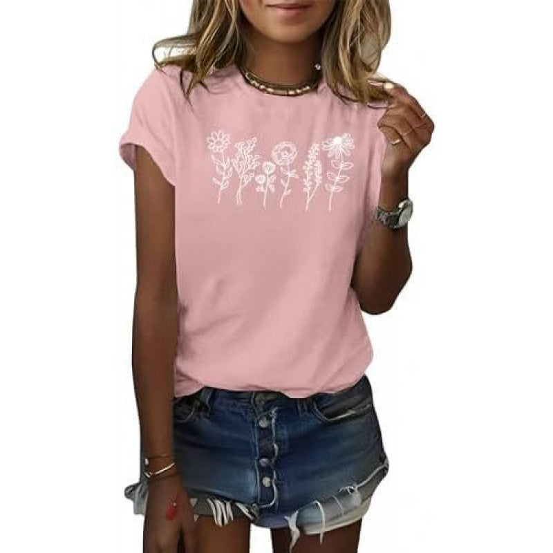 Floral Short Sleeve Round Neck T-shirt
