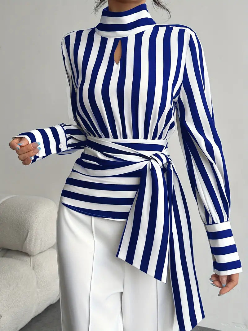 Womens Striped Scarf Collar Blouse