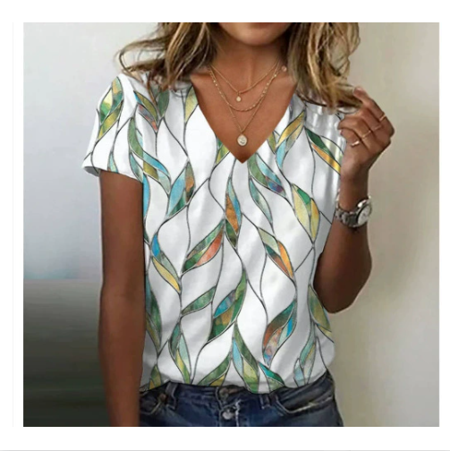 Casual V-neck print short-sleeved women's T-shirt