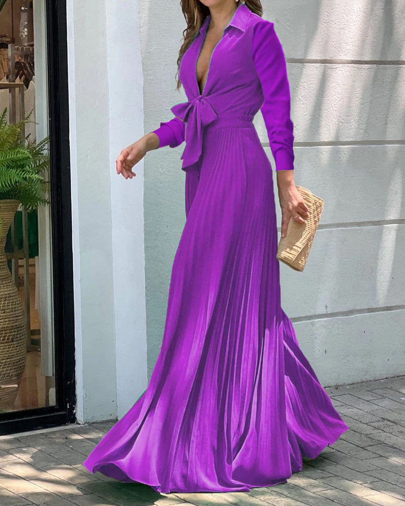V-Neck Long Sleeve Wide Leg Dress