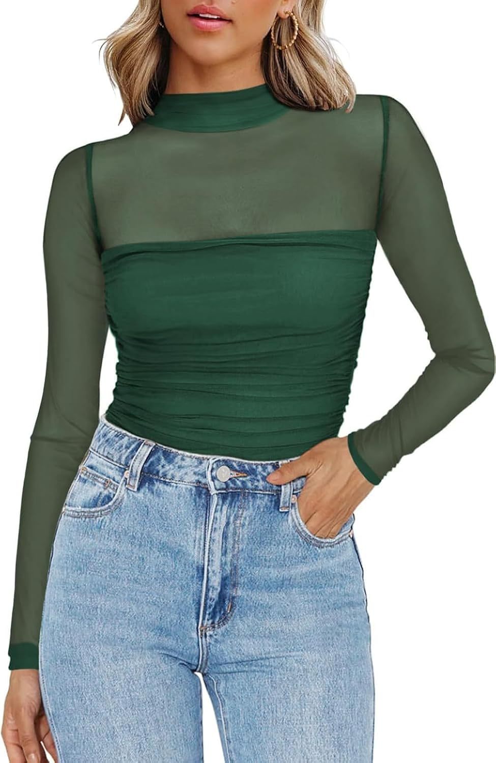 Solid-color round-neck mesh fabric see-through top