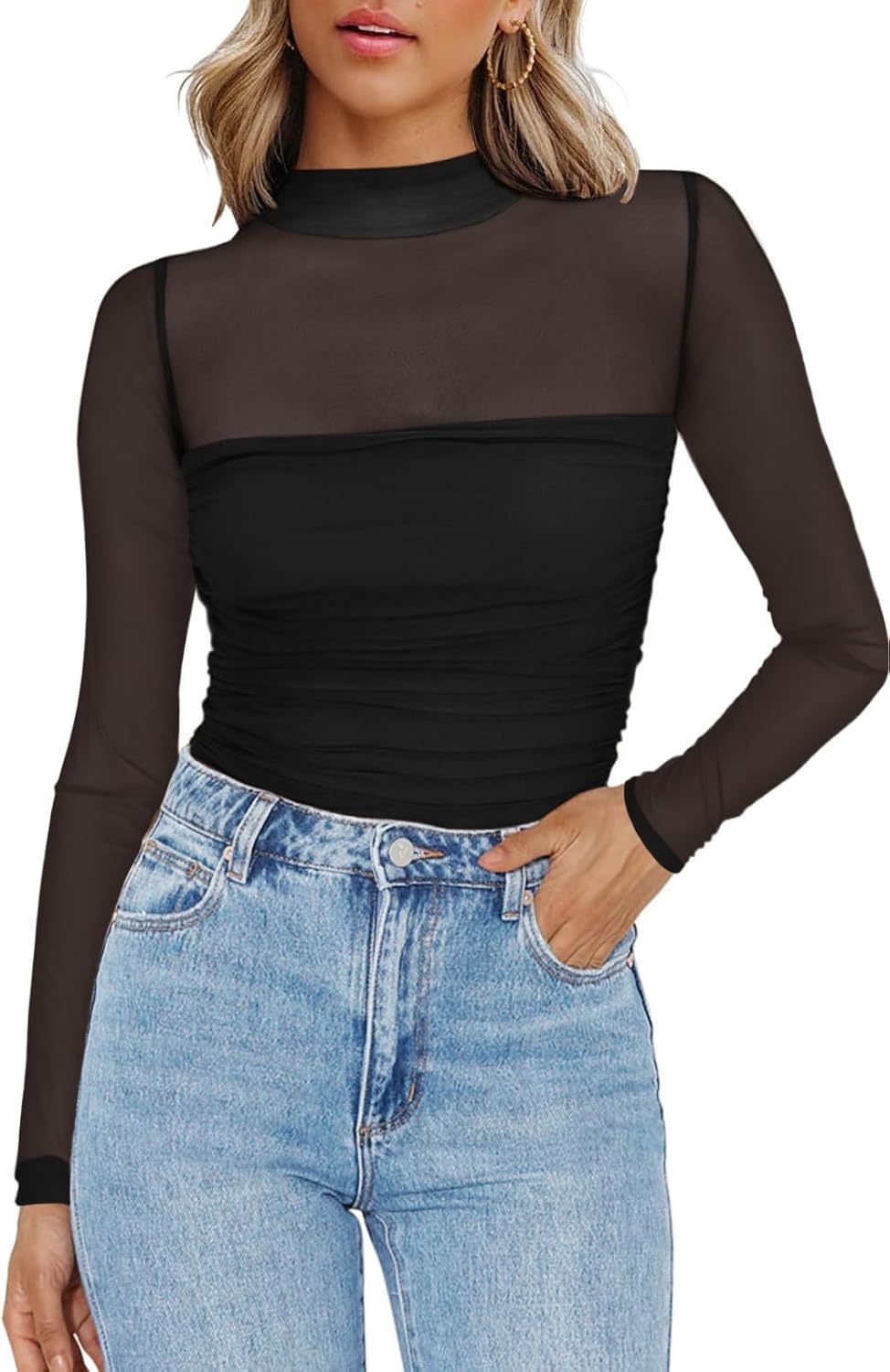Solid-color round-neck mesh fabric see-through top