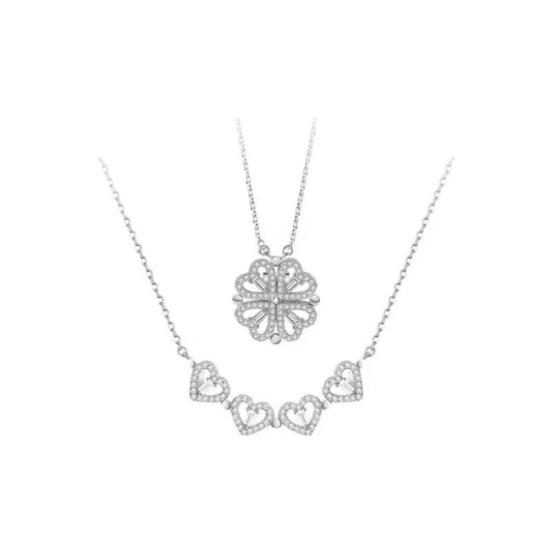 Sterling Silver Heart Clover Two-Wear Necklace