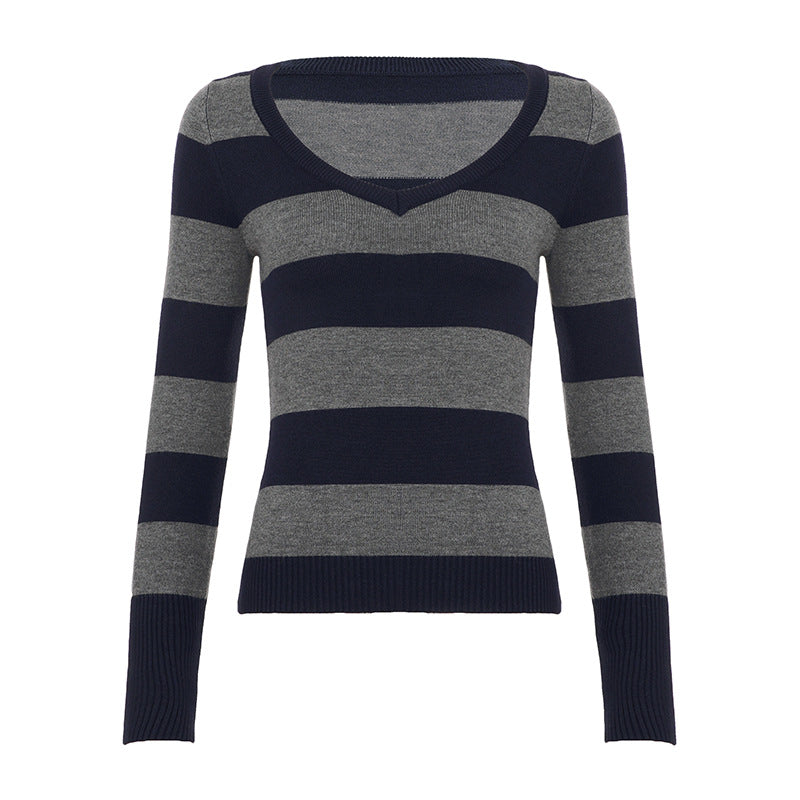 Amalie V-neck striped long sleeve sweater