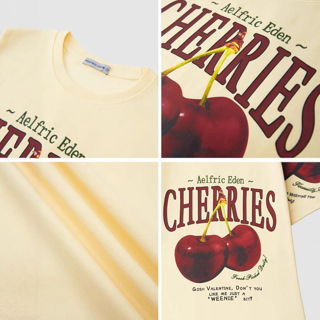 Cherry-printed T-shirt, casual summer short-sleeved shirt