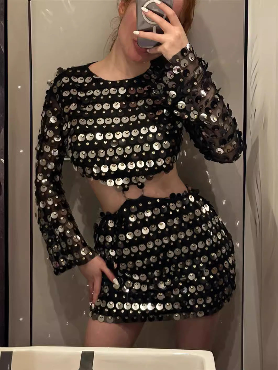 Long Sleeve Hollow Sequin Party Dress