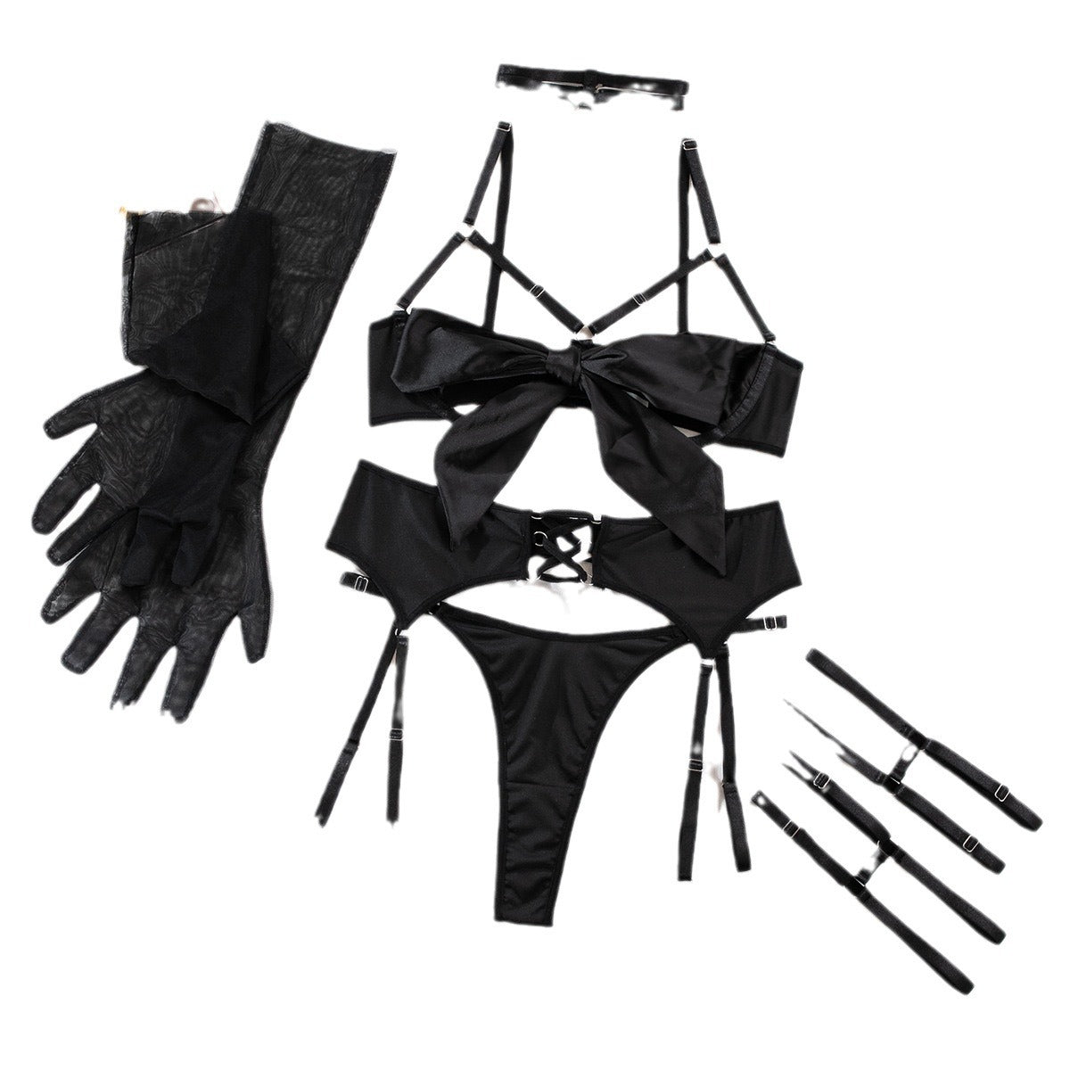 Bow Lingerie Set with Gloves and Leg Ring