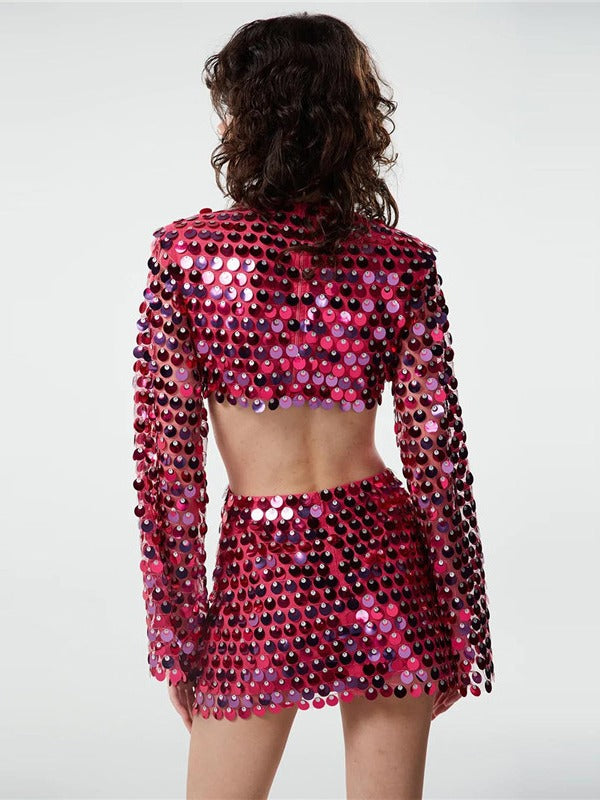 Long Sleeve Hollow Sequin Party Dress