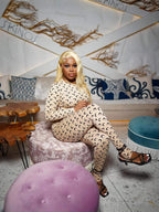 Fashion Moon Print Stretch Slim Fit Women Top and Trousers Set