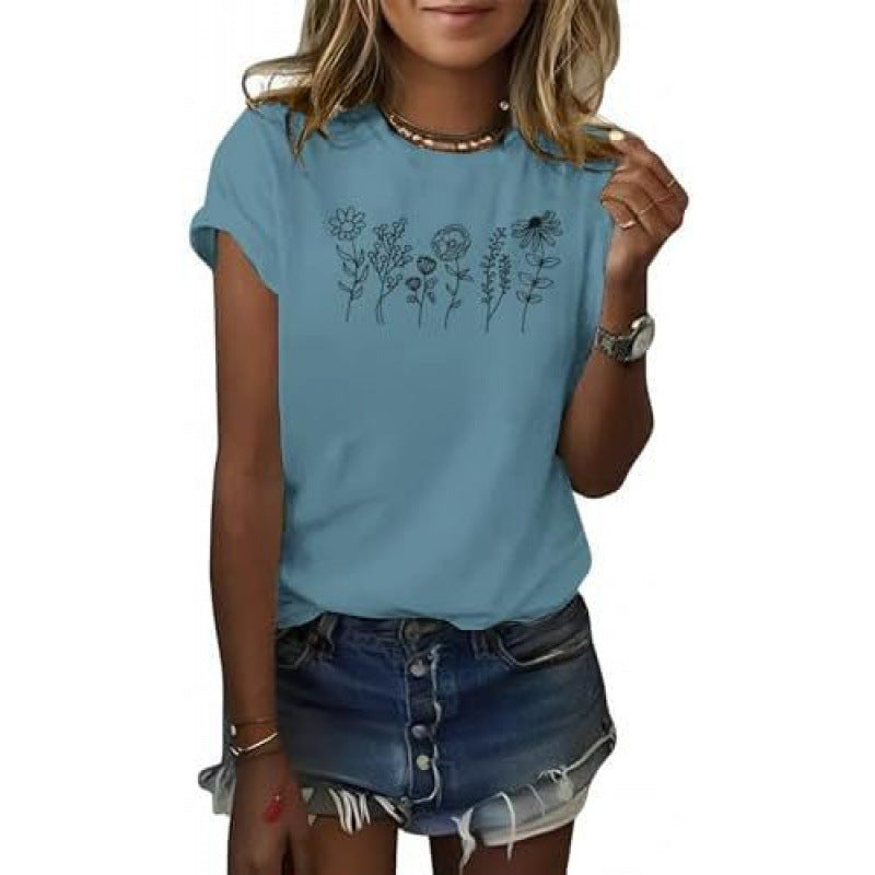 Floral Short Sleeve Round Neck T-shirt