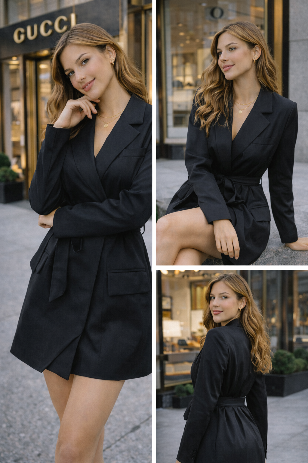 Woman wearing a black dress in an urban setting with Gucci store in the background