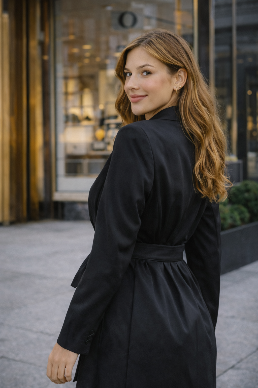Woman in a black coat standing on a city street