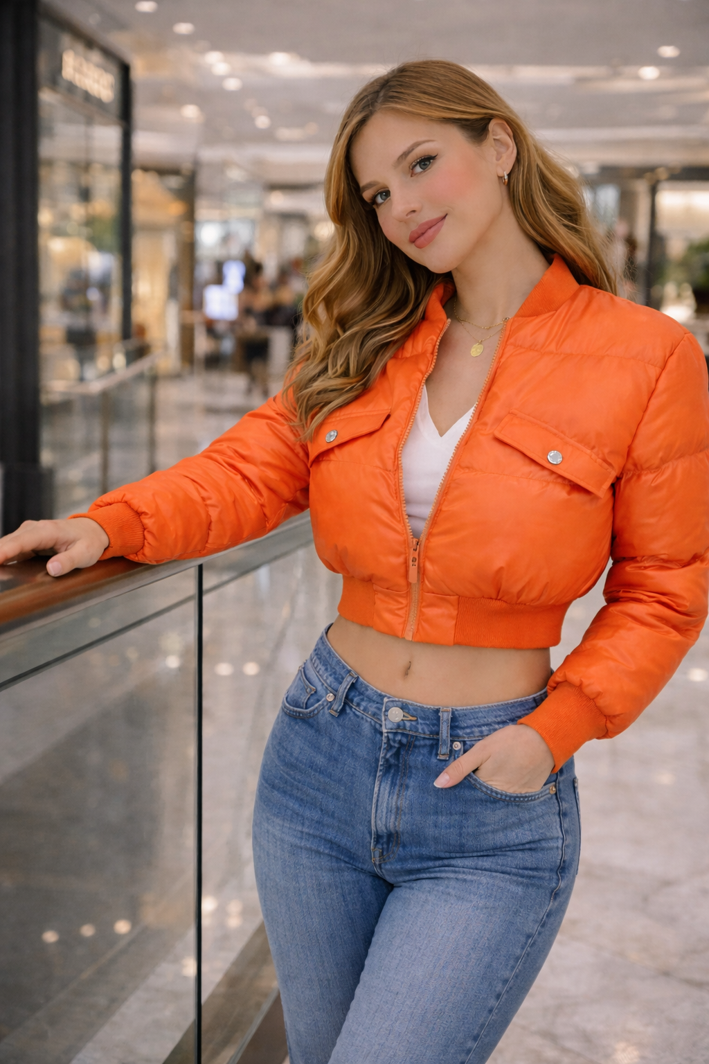 Woman wearing an orange jacket and blue jeans in a shopping mall.