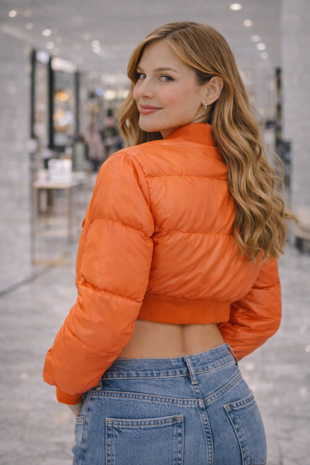 Woman wearing an orange puffer jacket and blue jeans in a store setting